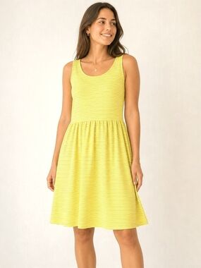 Twik Yellow Striped Tank Dress L Scoop Neck Summer Fit Flare Casual Mini
